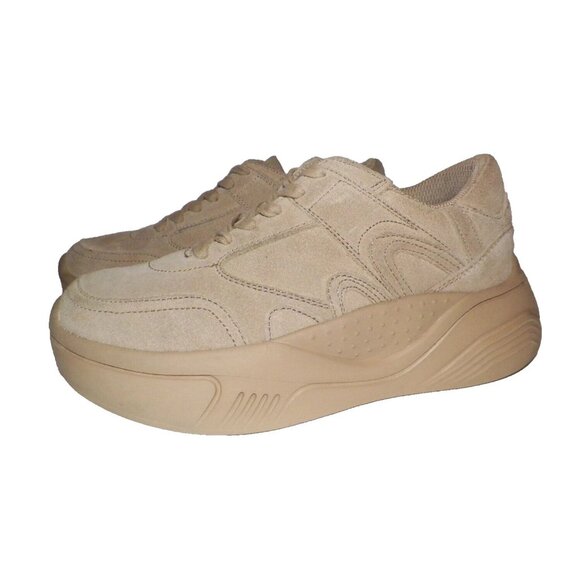 EU 38 Women's 7.5 Zara Platform Sneakers Shoes Beige Suede 2.5 Inch Heel Y2K - Picture 7 of 12